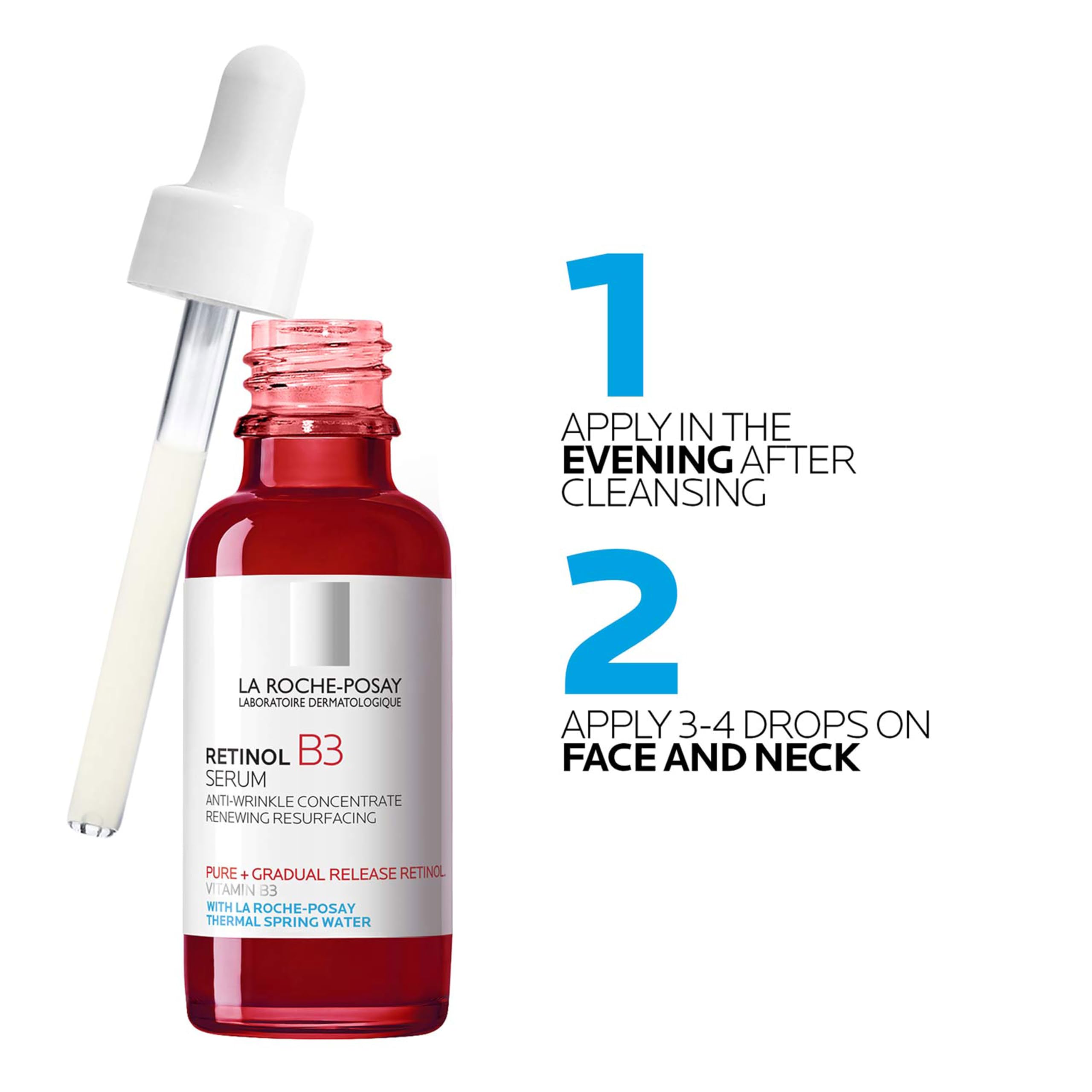 La Roche-Posay bottle staged on vanity in nighttime routine for evening use reminder