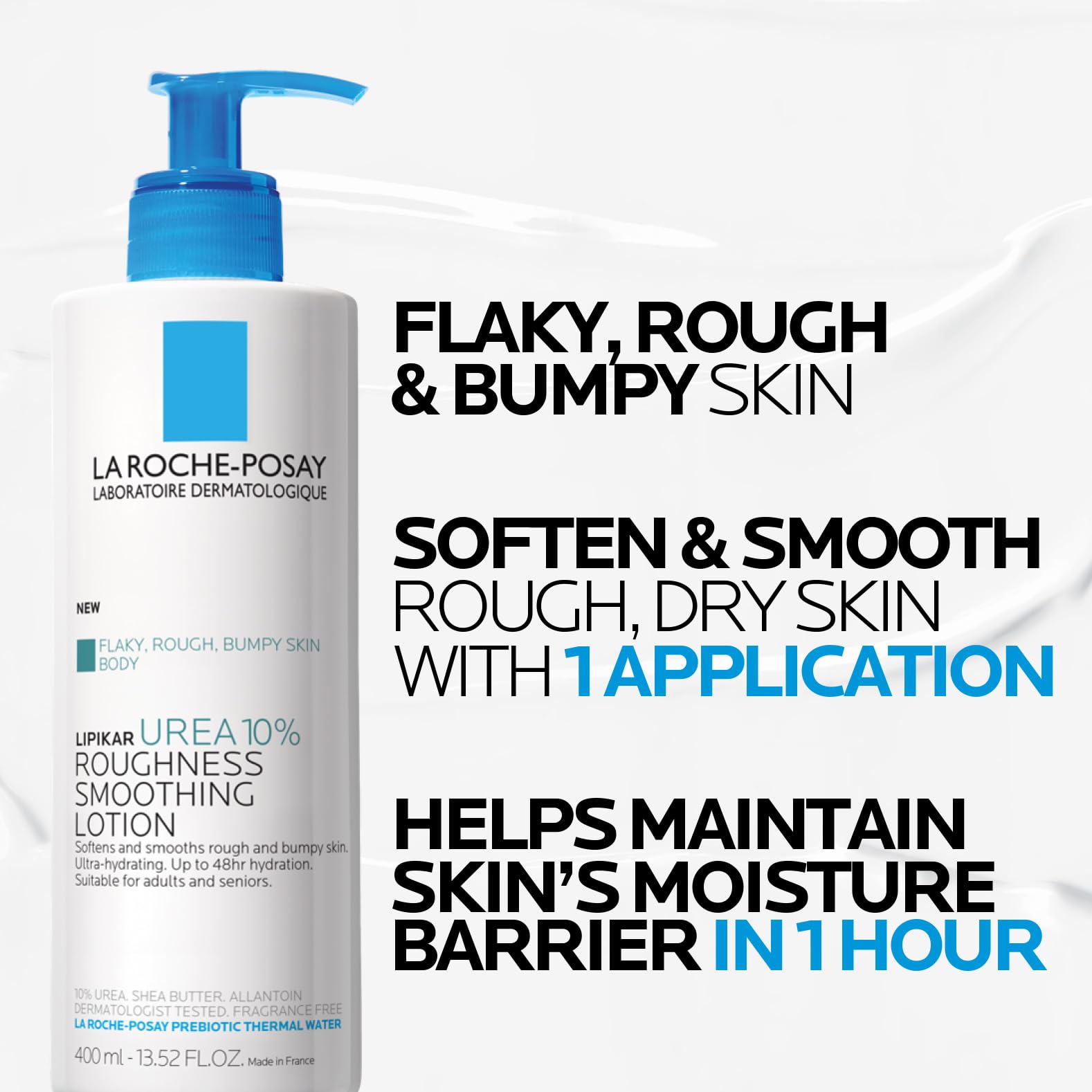 La Roche-Posay bottle held in hand showing 13.52 oz scale and portability