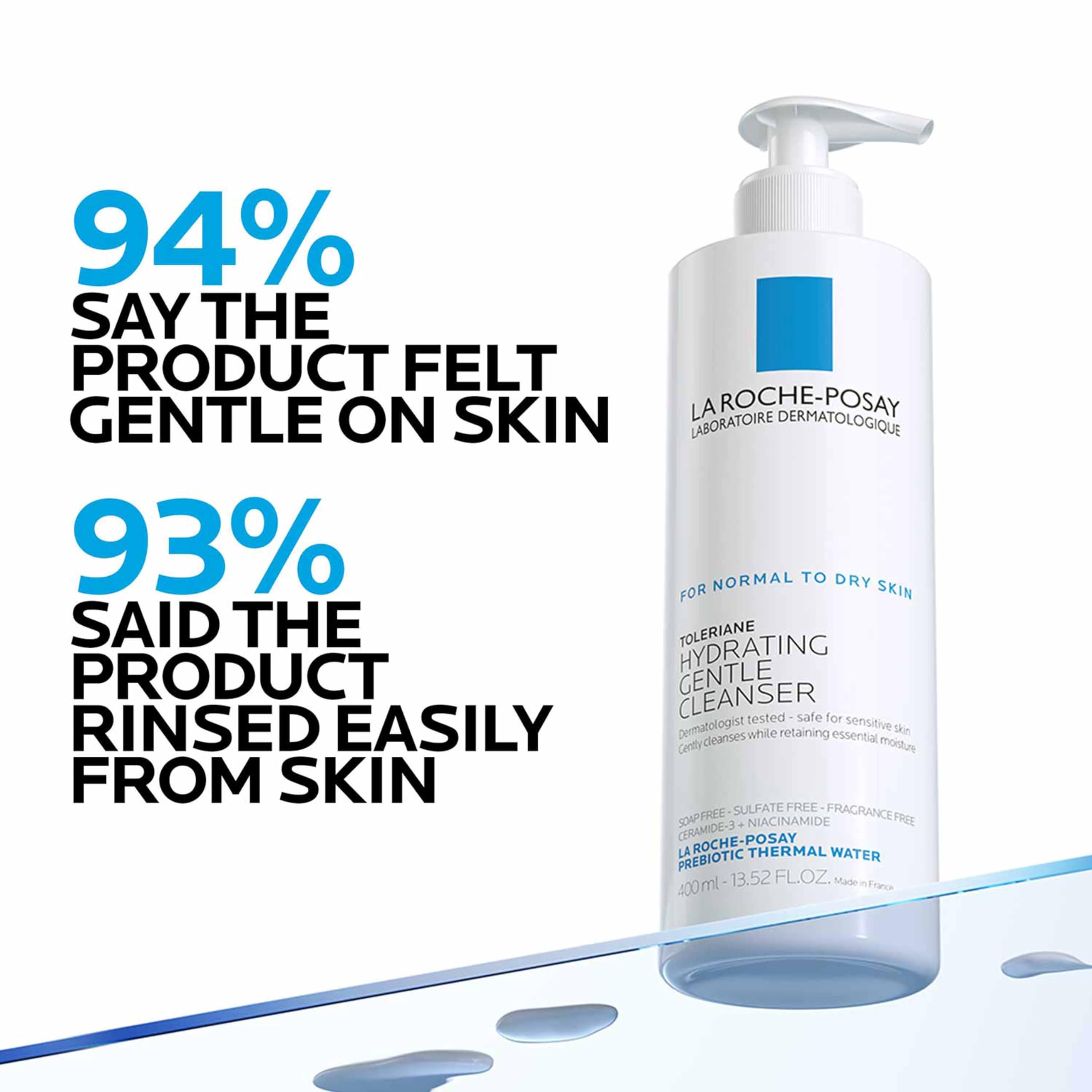 La Roche-Posay bottle beside hand for 13.52oz size and scale clarity