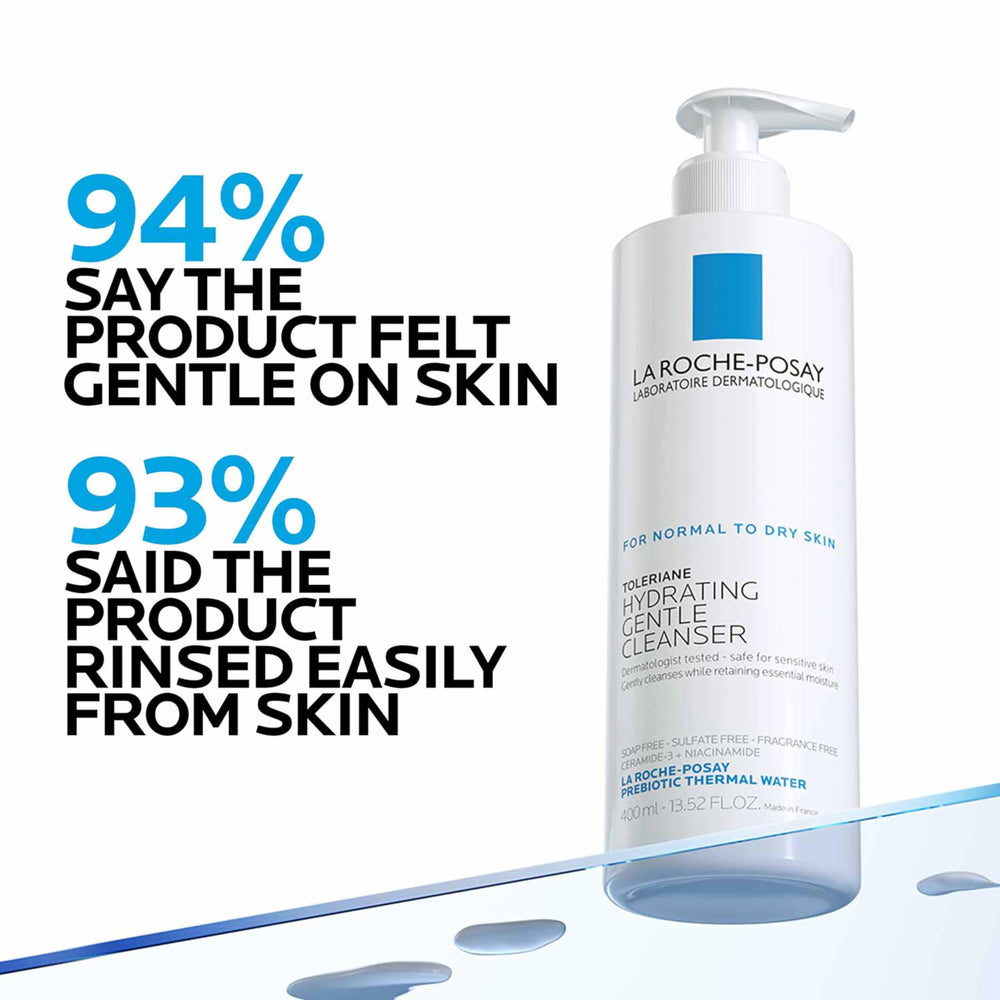 La Roche-Posay bottle beside hand for 13.52oz size and scale clarity