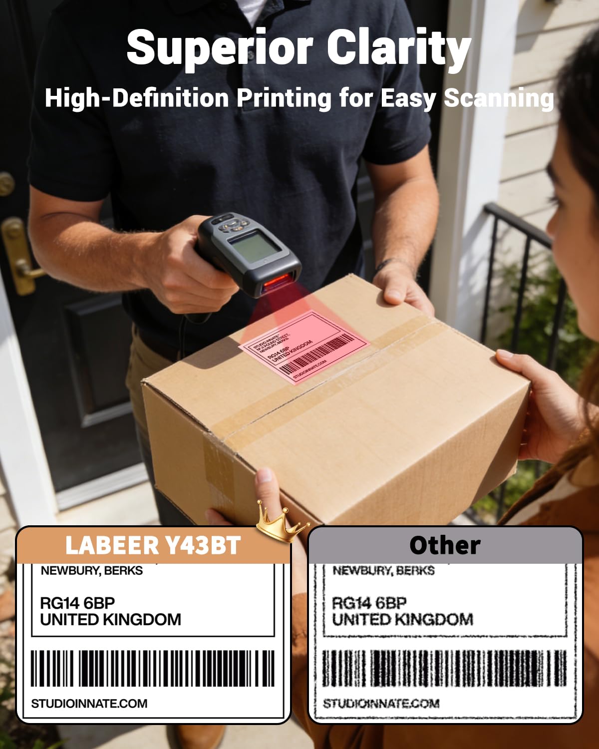 Labeer close-up of printed 4x6 label demonstrating readable text and barcode clarity