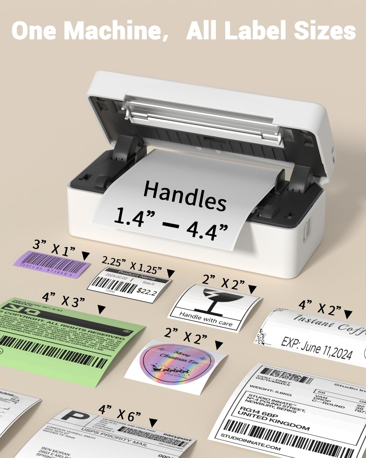Labeer on desk next to common items illustrating compact size and workspace fit