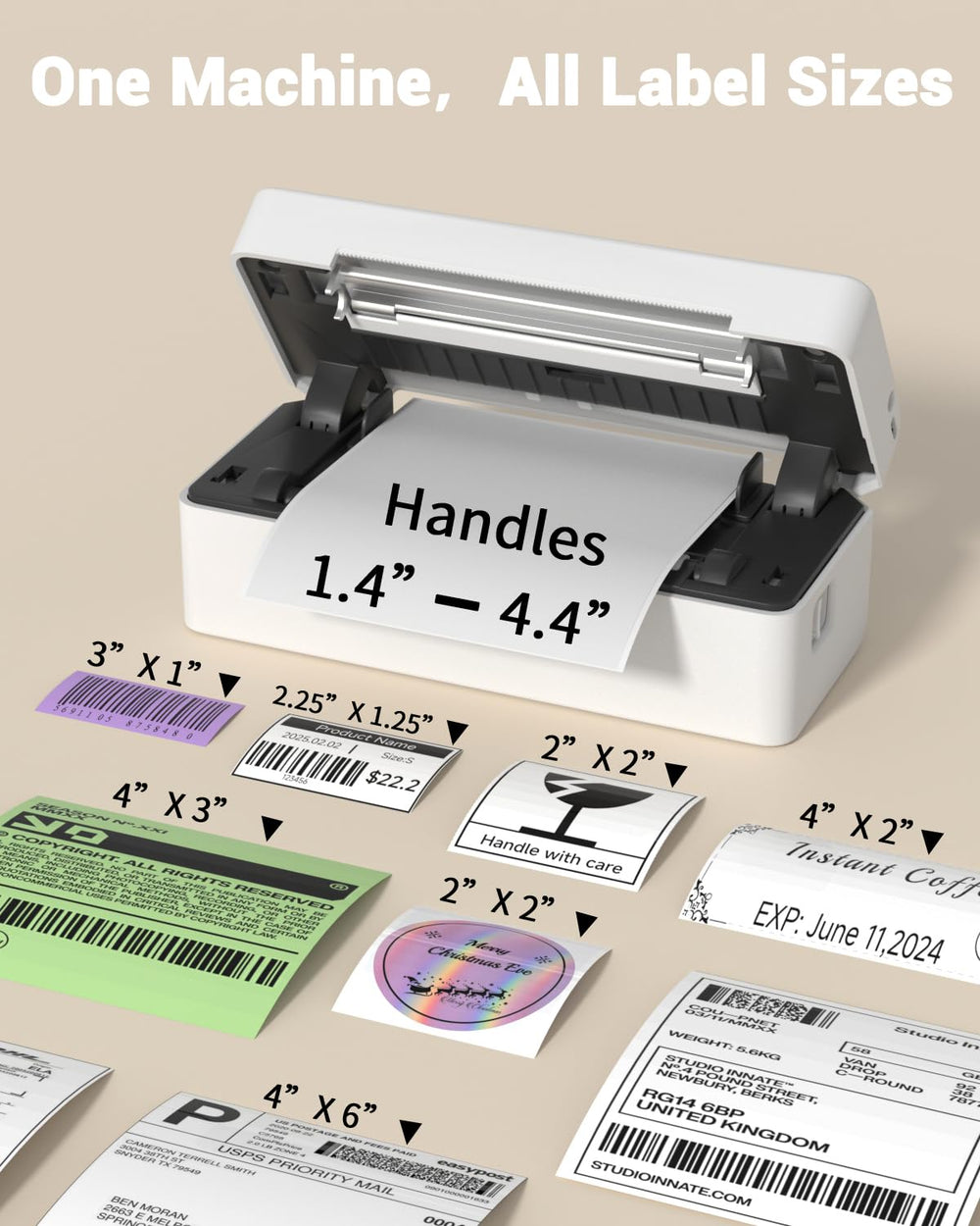 Labeer on desk next to common items illustrating compact size and workspace fit