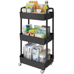 Laiensia front view showing three-tier storage and modern black finish, functional organization