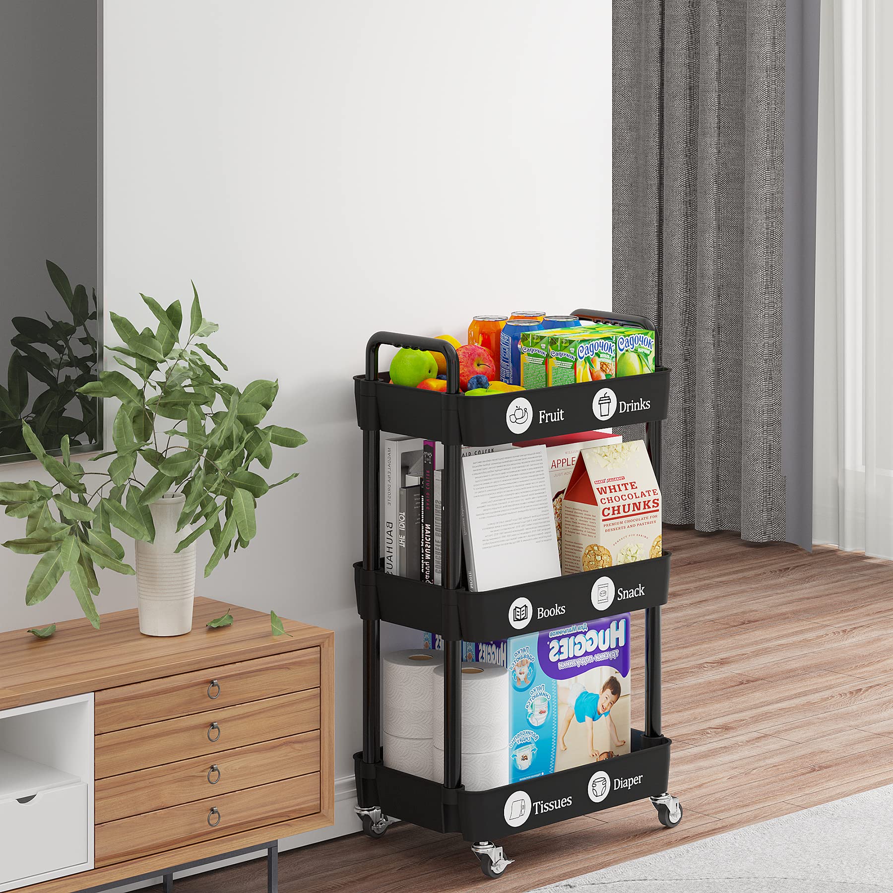 Laiensia cart styled in a kitchen storing produce and spices for quick access