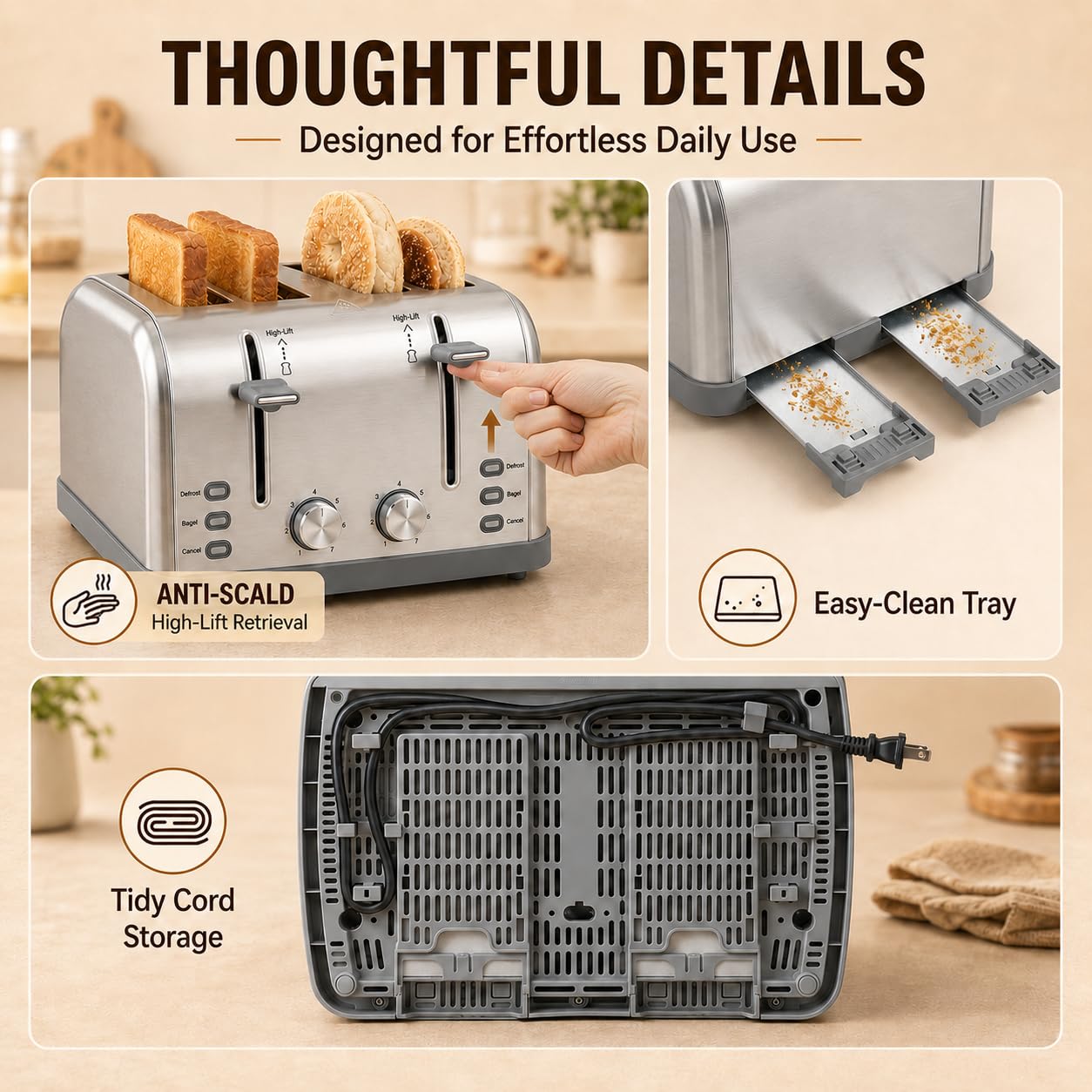 LAINSTEN integrated cord storage keeps counter tidy and simplifies appliance storage benefit
