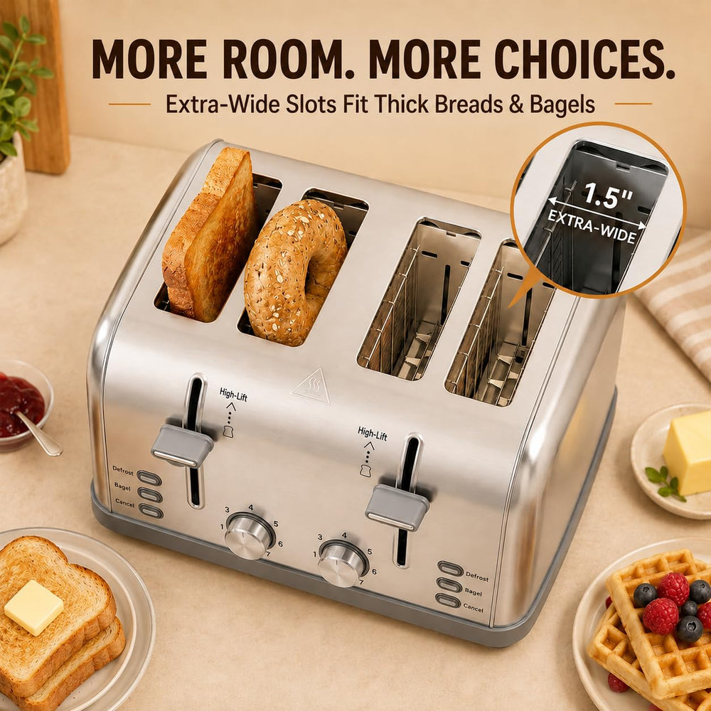 LAINSTEN toaster in use with bagel toasted evenly using dedicated bagel function benefit