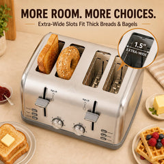 LAINSTEN toaster in use with bagel toasted evenly using dedicated bagel function benefit