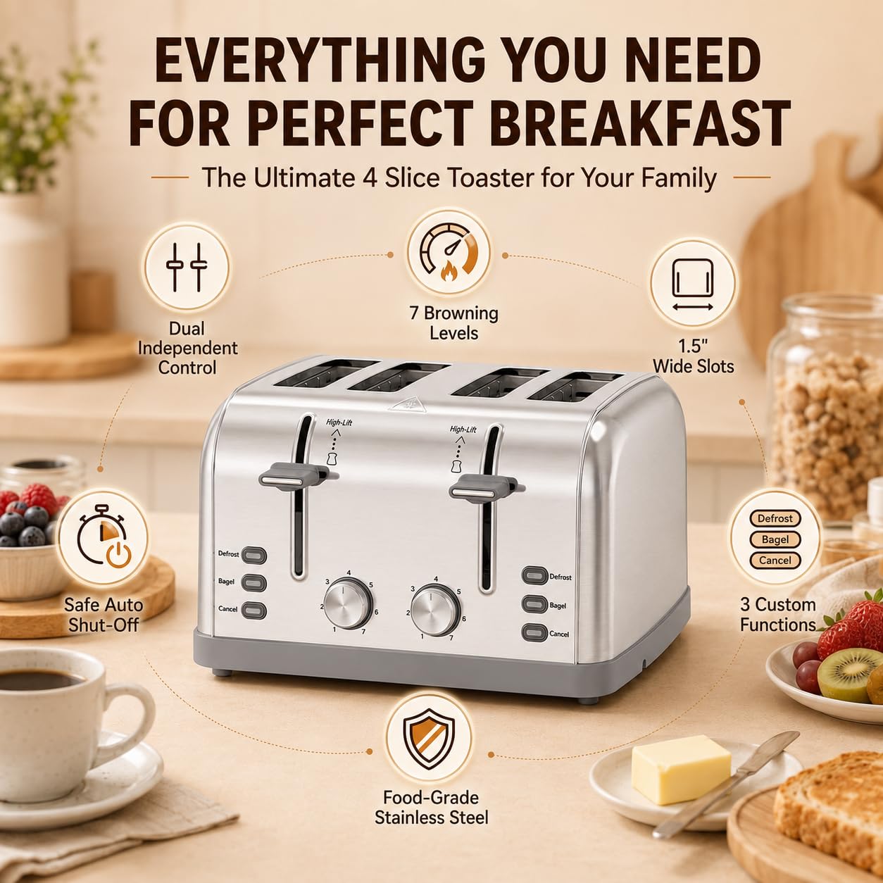 LAINSTEN toaster styled on kitchen counter illustrating retro look and everyday practicality