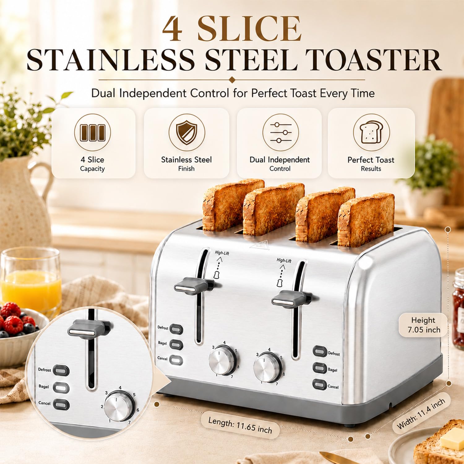 LAINSTEN top view revealing 1.5-inch extra-wide slots that fit thick breads and waffles