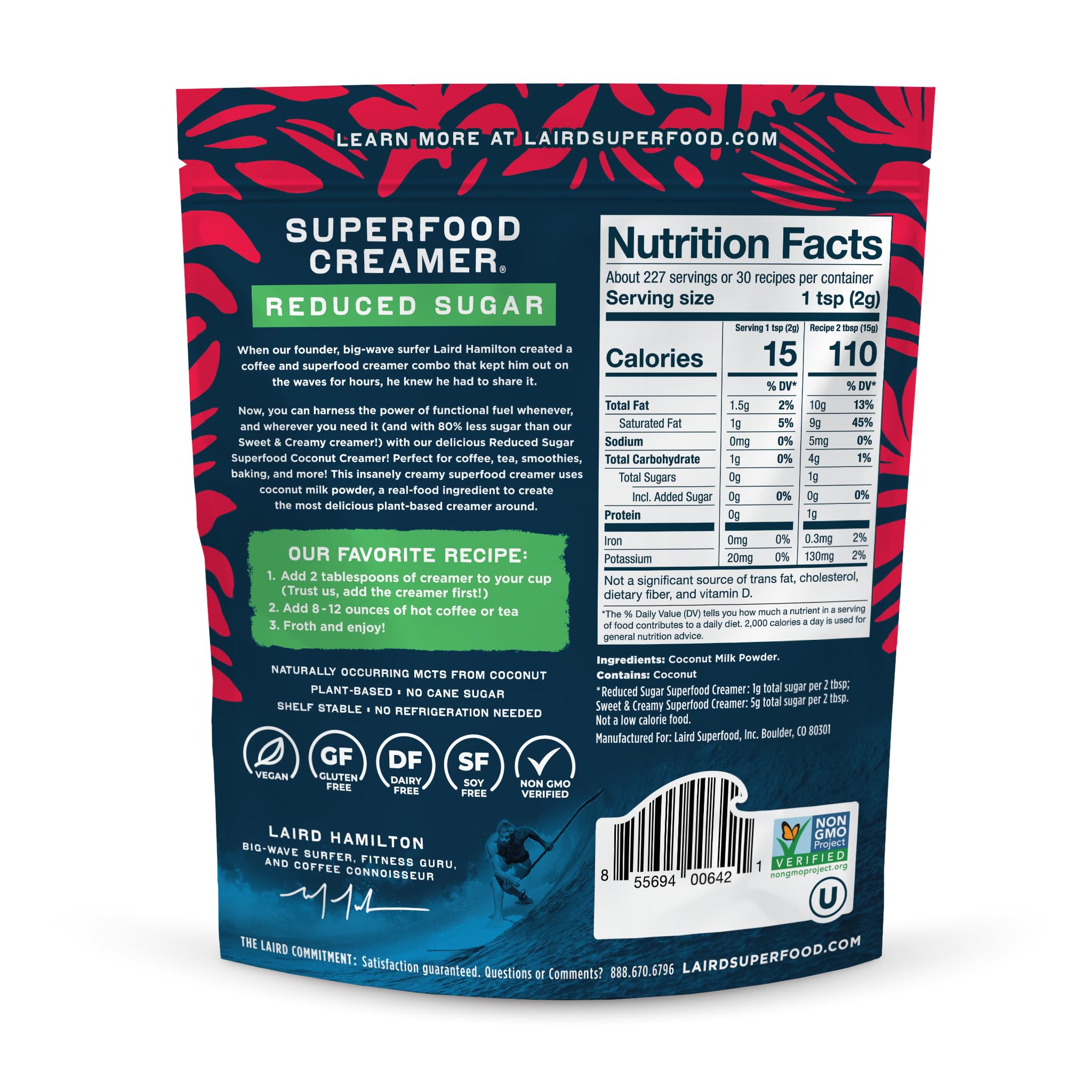 Laird Superfood ingredients closeup highlighting coconut milk powder and organic oil benefits