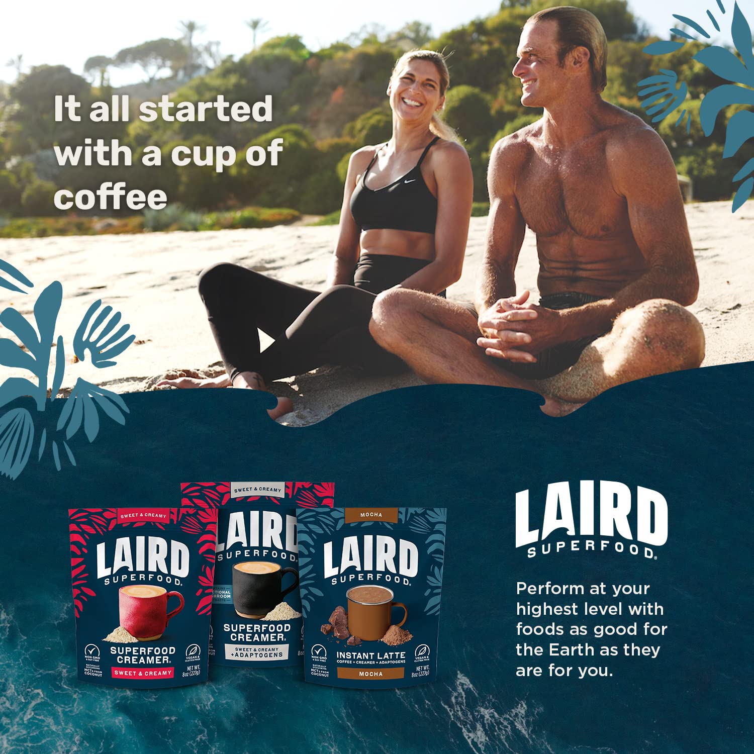 Laird Superfood scale comparison next to a cup showing 16 oz bag size for portion planning