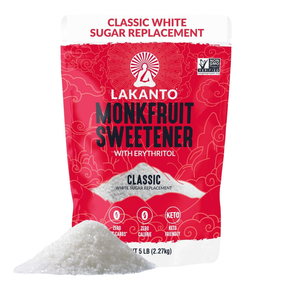 Lakanto front packaging showing brand and 5 lb size for pantry convenience