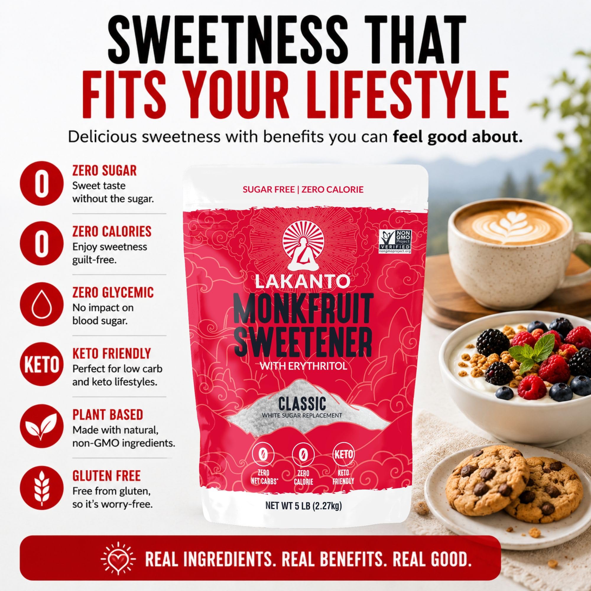 Lakanto on kitchen counter in lifestyle shot conveying everyday baking convenience