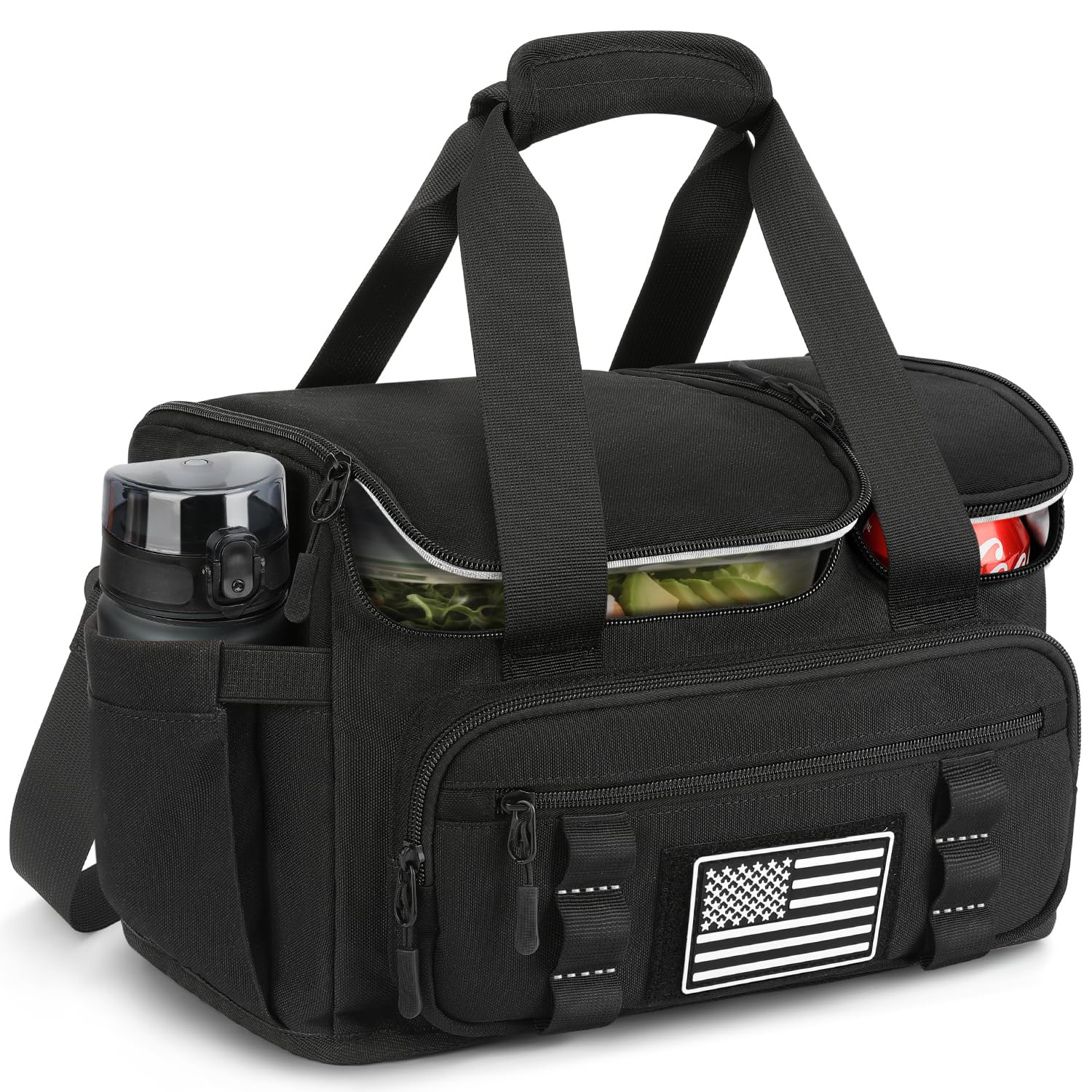 Laktru front view of tactical lunch box showing organized pockets and durable look, boosts confidence
