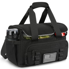 Laktru front view of tactical lunch box showing organized pockets and durable look, boosts confidence