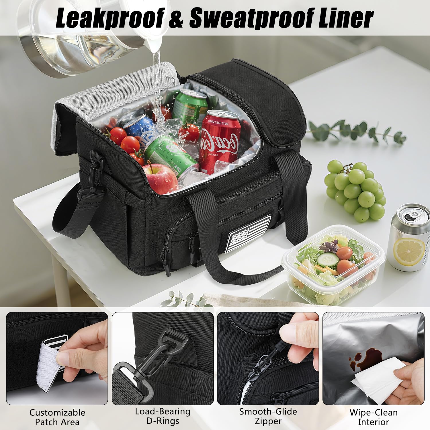 Laktru next to a water bottle for scale showing 15L capacity and meal-ready storage