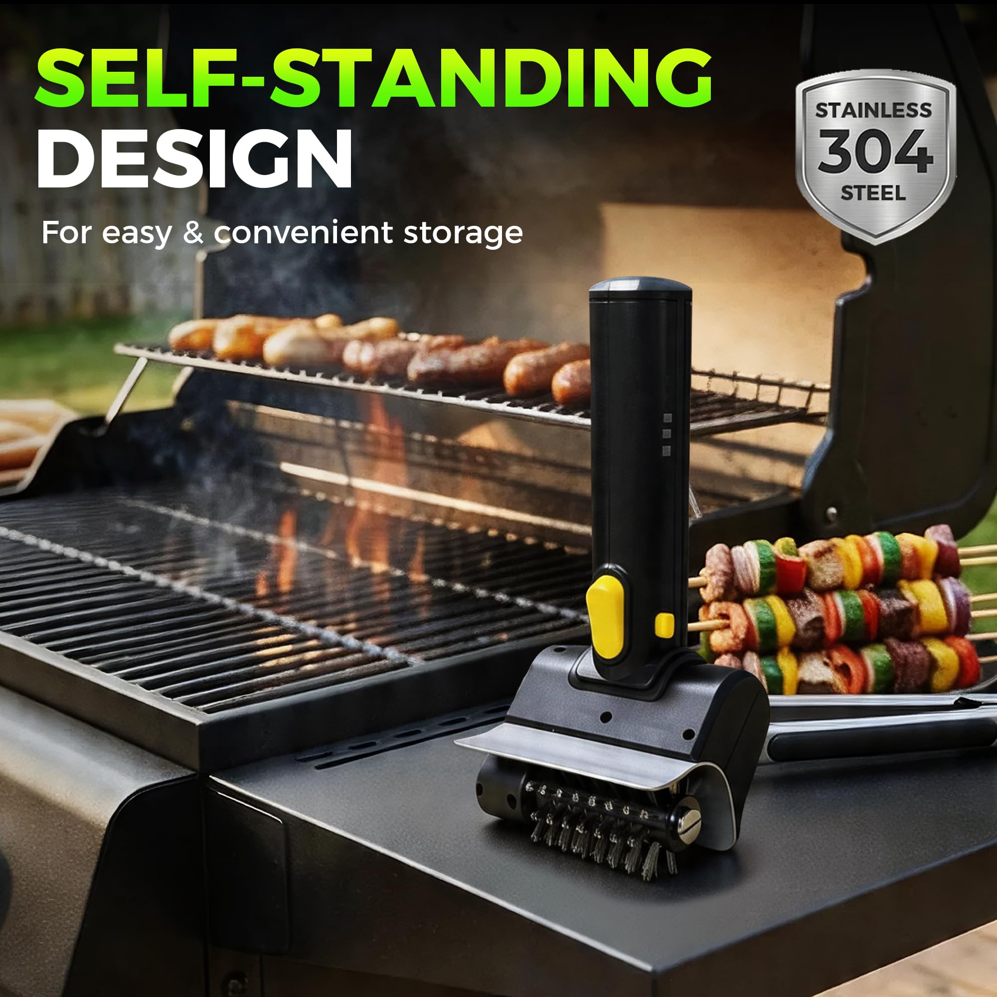 Lalasani electric grill brush staged in backyard scene for effortless post-BBQ cleaning
