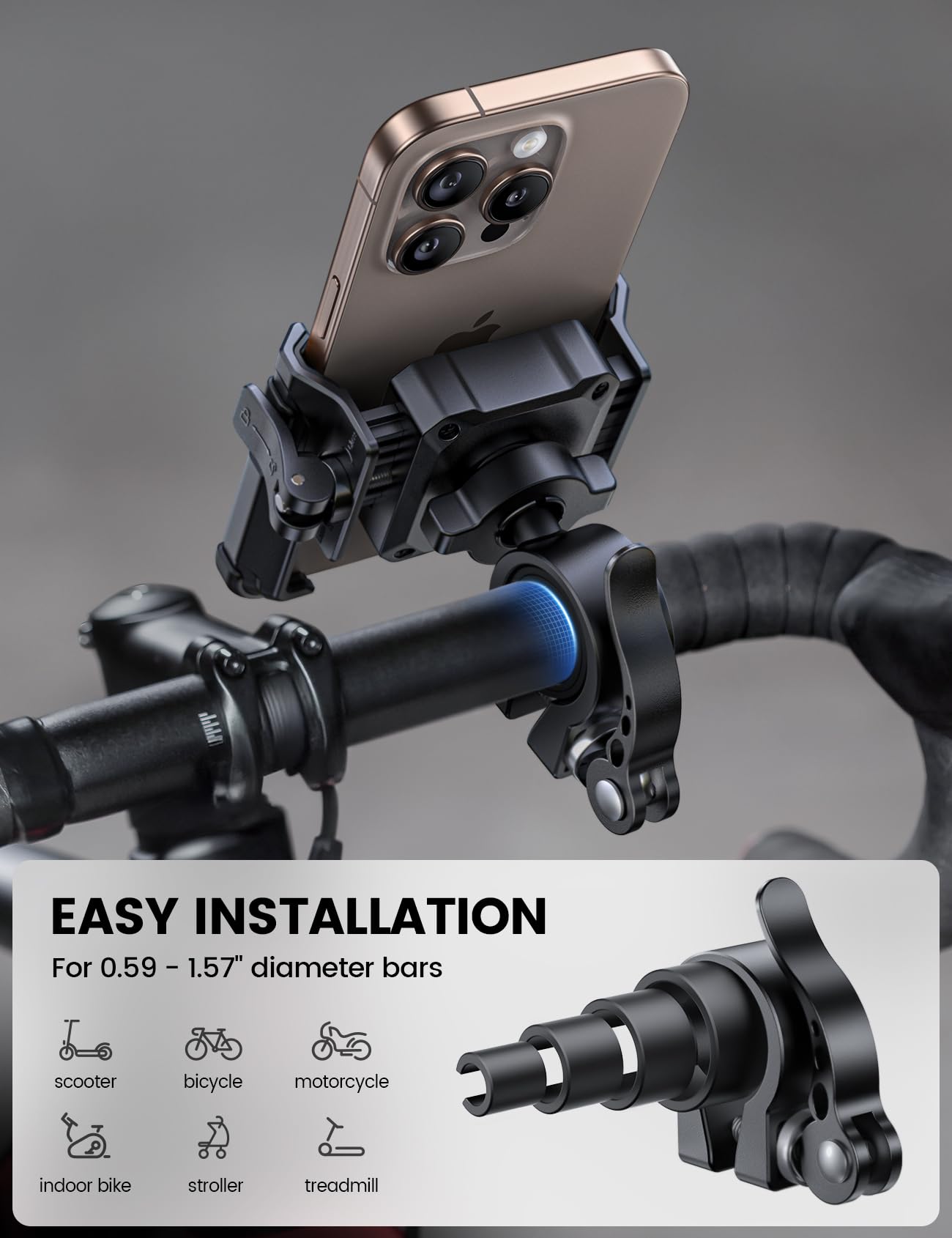 Lamicall showing camera clearance enabling unobstructed ride recording