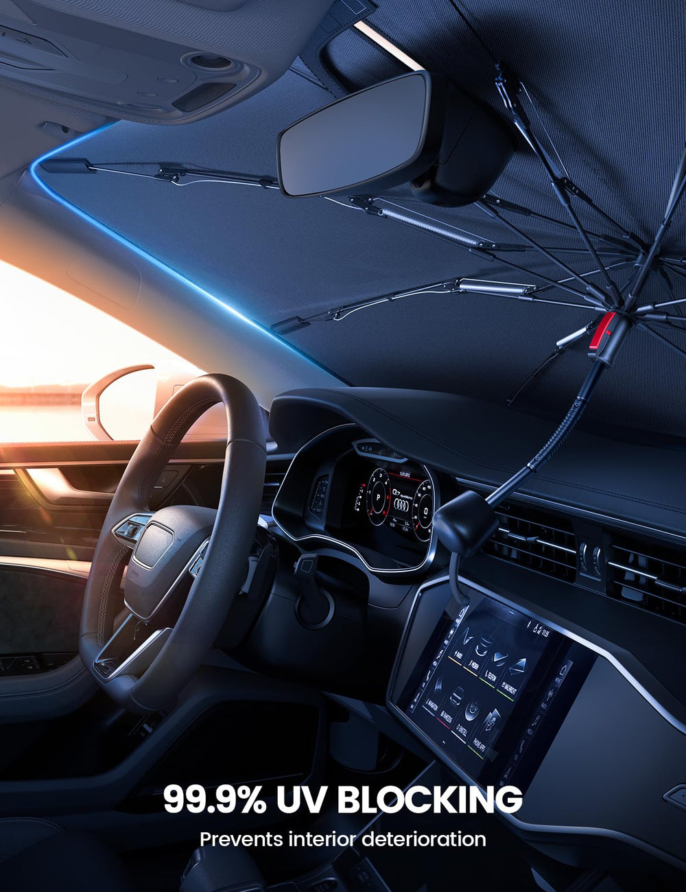 Lamicall folded sunshade tucked in glovebox illustrating compact storage convenience