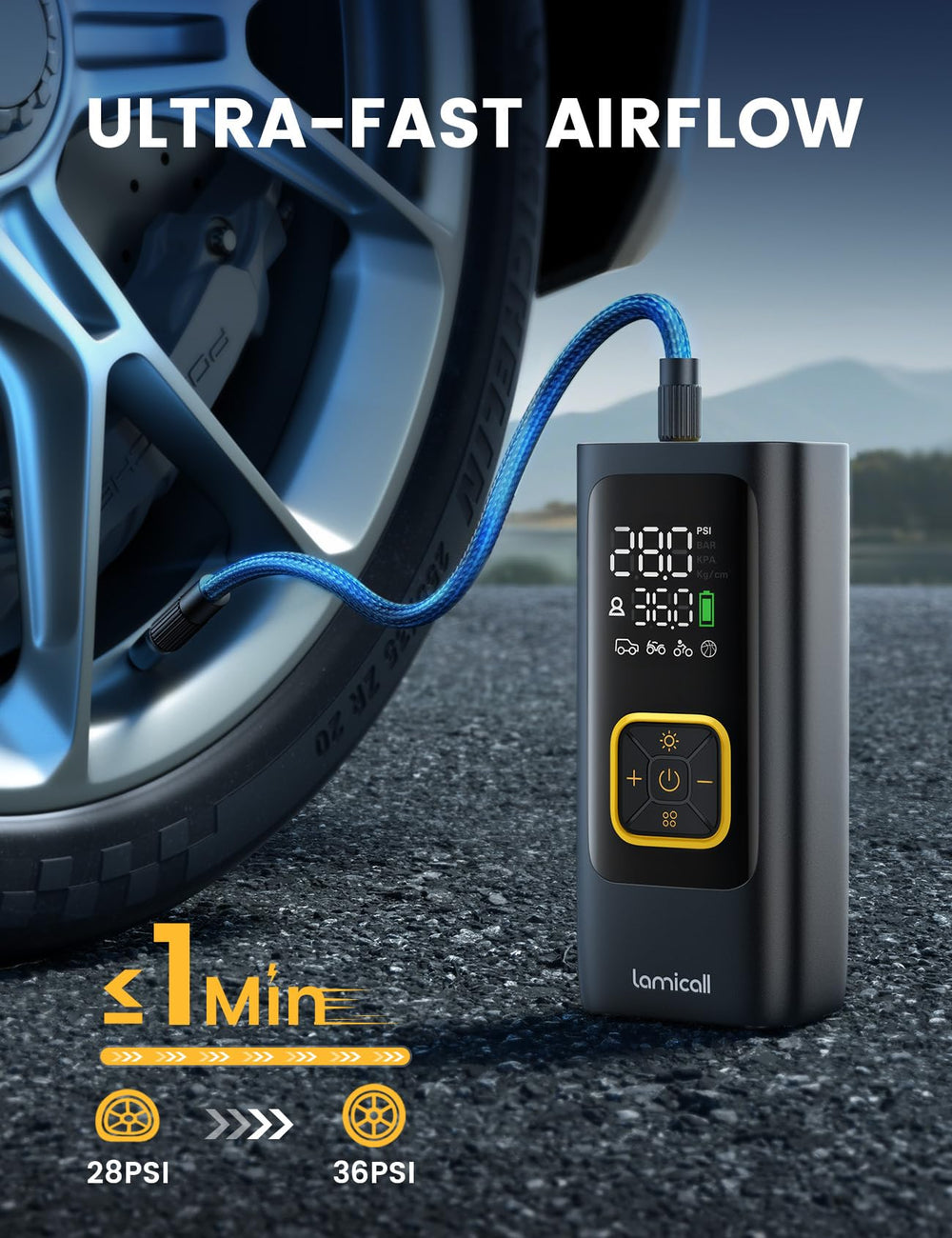 Lamicall inflator held in hand to show compact size and easy storage