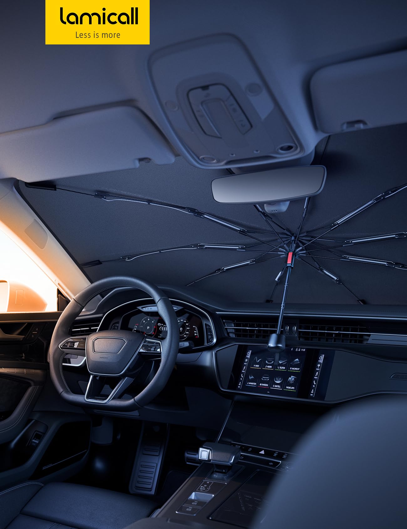 Tesla parked with Lamicall sunshade installed showing cooler cabin protection