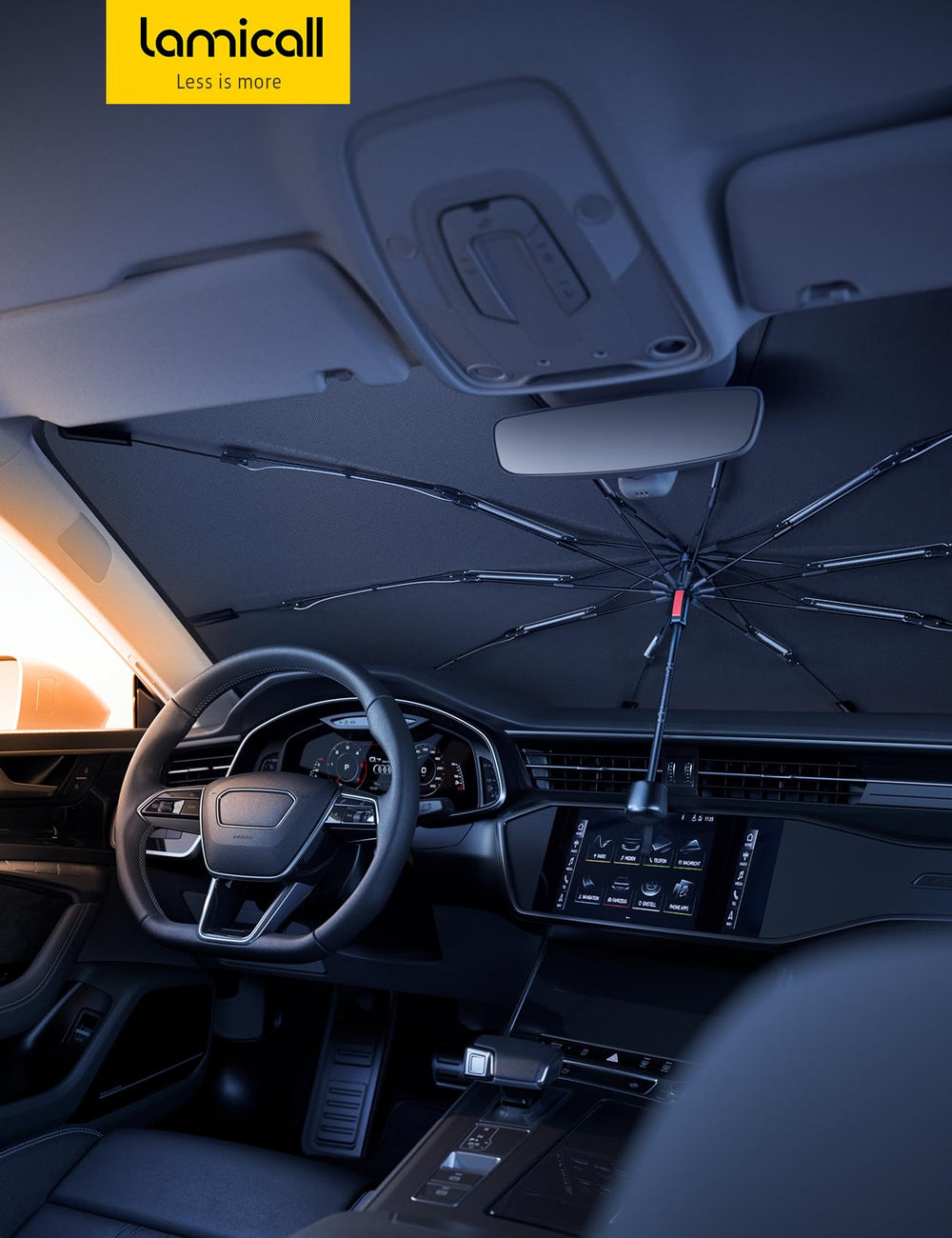 Tesla parked with Lamicall sunshade installed showing cooler cabin protection