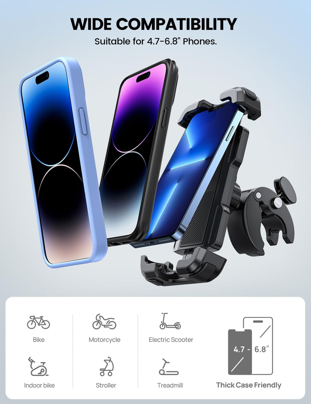 Lamicall mounted on motorcycle in use showing stable hold, keeps phone visible safely