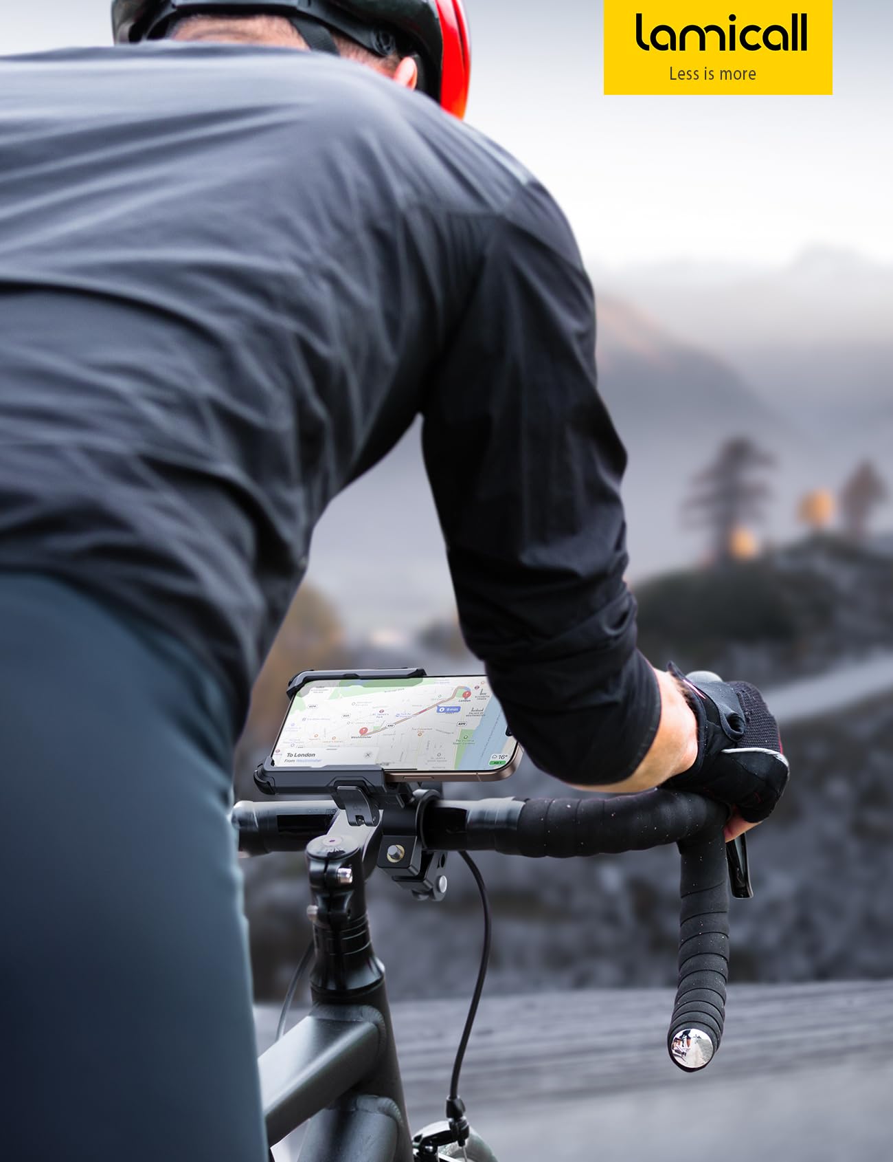 Lamicall next to ruler showing fit range for handlebars and phone sizes