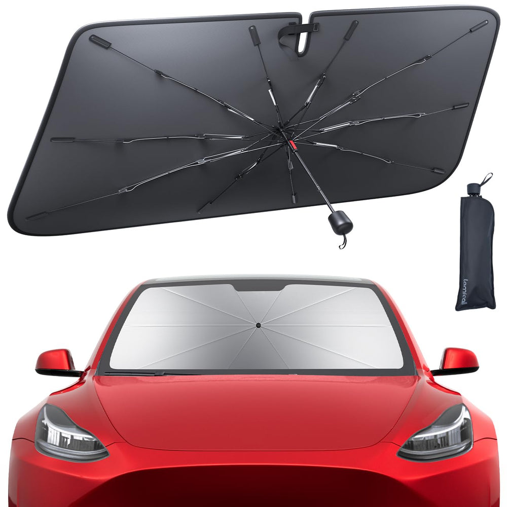 Lamicall sunshade front view on Tesla windshield showing full coverage and sun protection
