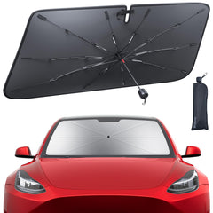 Lamicall sunshade front view on Tesla windshield showing full coverage and sun protection