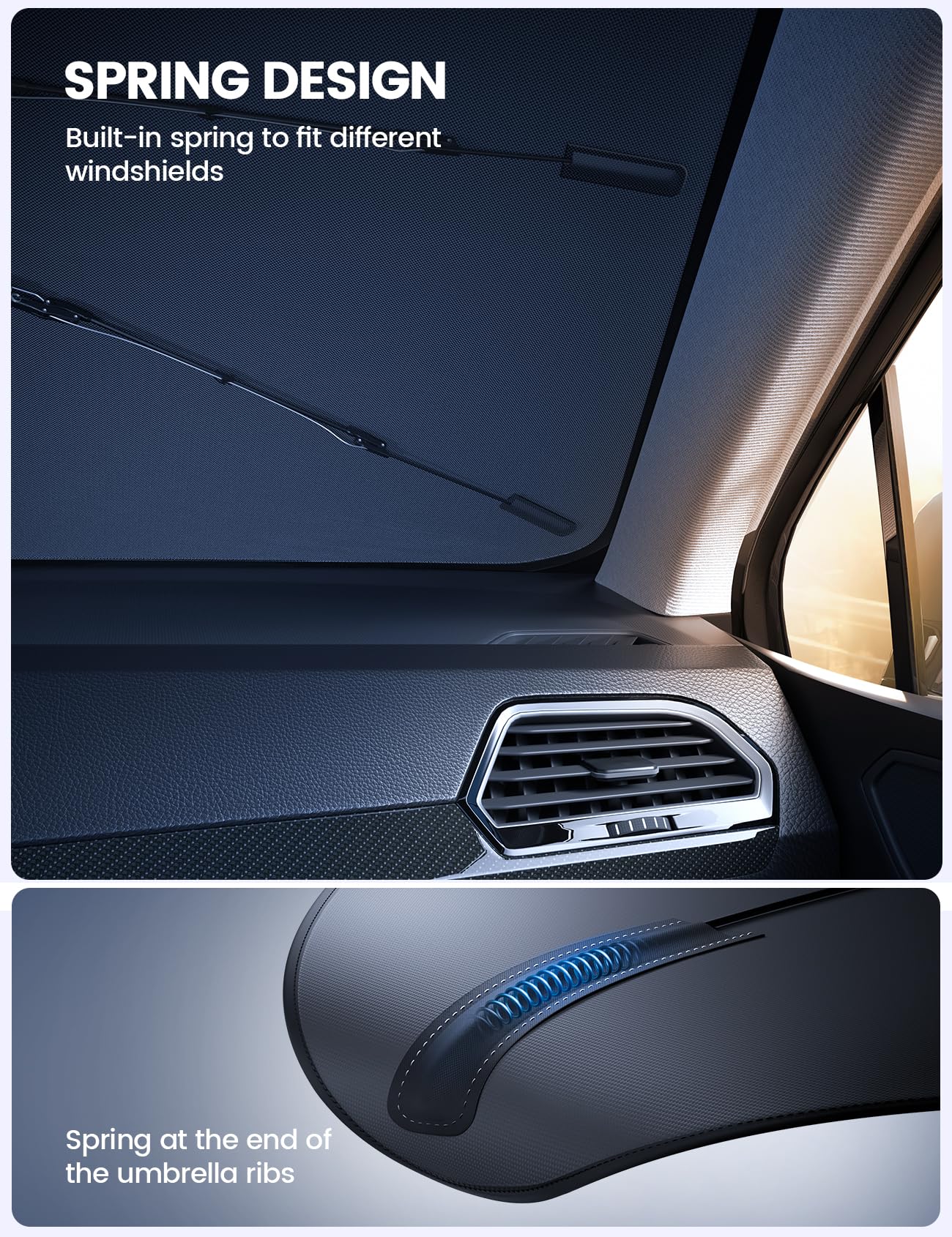 Lamicall umbrella sunshade expanded across Tesla windshield demonstrating snug fit