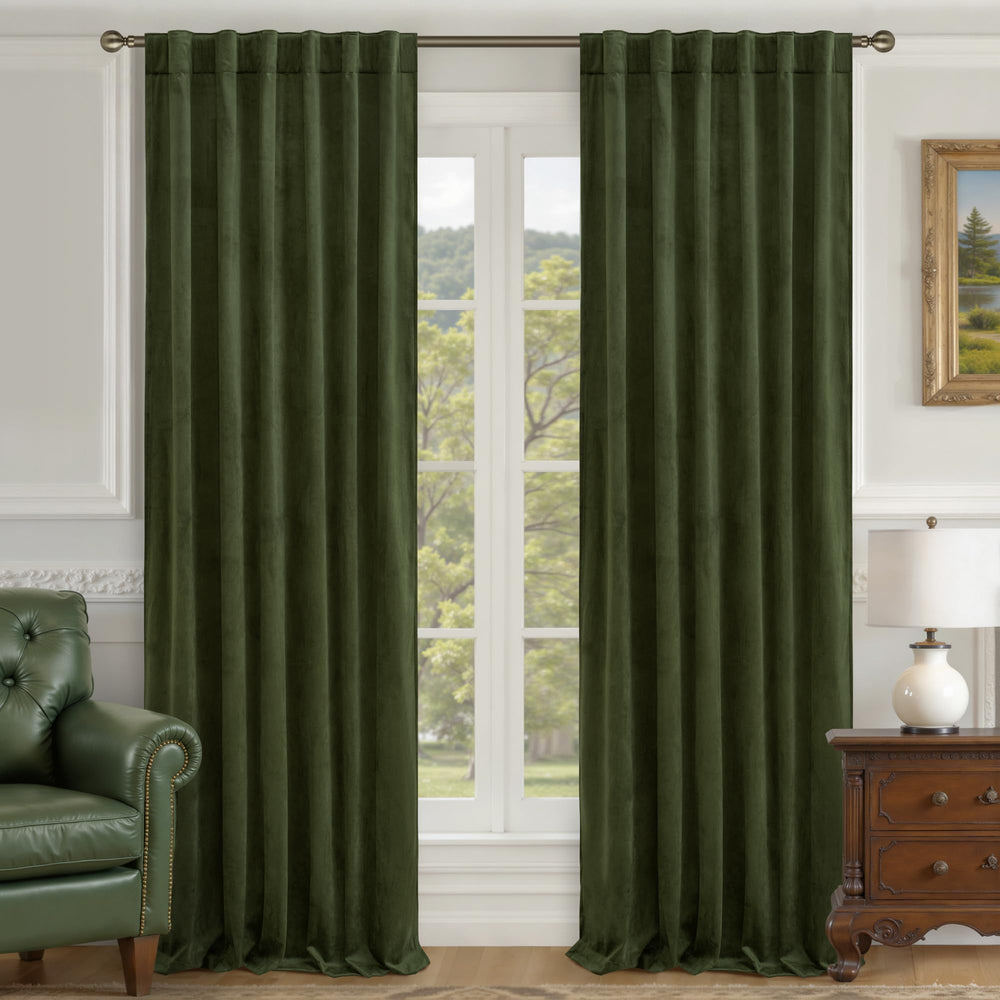 LAMIT olive green velvet curtains front view showing elegant drape and coverage
