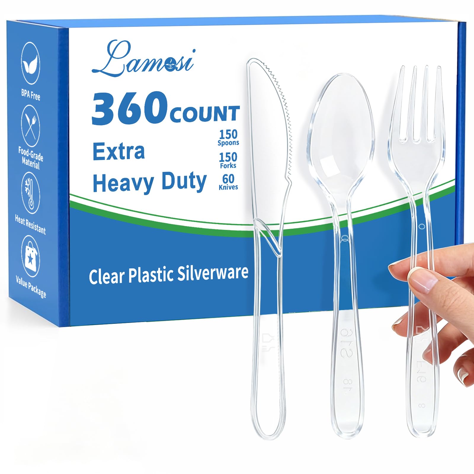 Lamosi clear cutlery pack front view shows full 360-count convenience