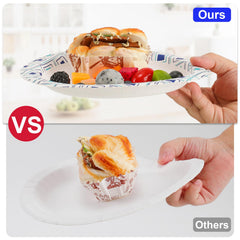 Lamosi plate in use at picnic holding full meal and simplifying cleanup
