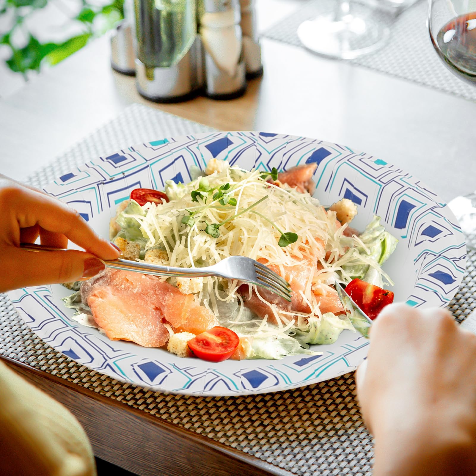 Lamosi plate size comparison with fork illustrating ample 10-inch capacity