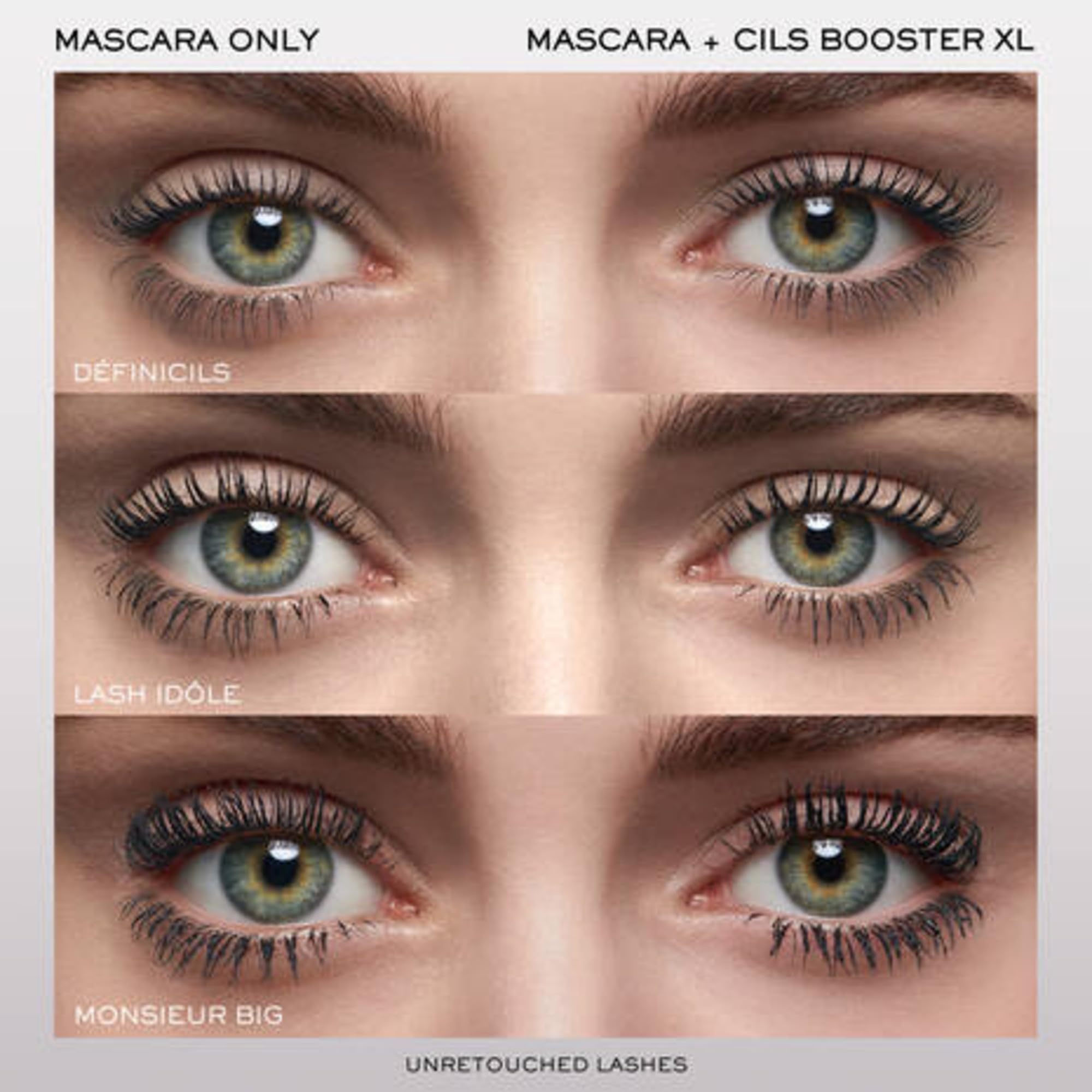 Lancôme Cils Booster XL before and after lashes comparison illustrating added length and visible volume
