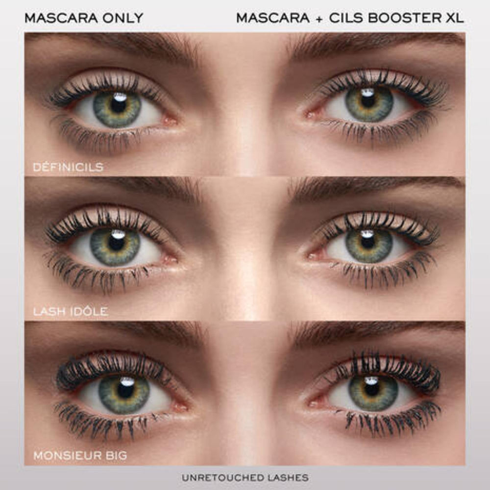 Lancôme Cils Booster XL before and after lashes comparison illustrating added length and visible volume