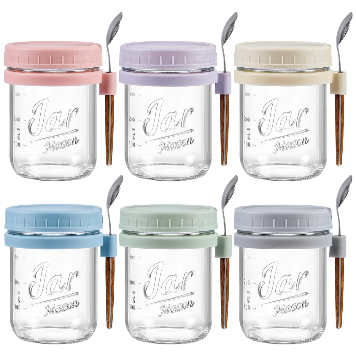 LANDNEOO front view of six jars showing colorful lids and benefit of organization