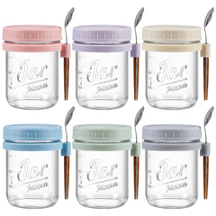 LANDNEOO front view of six jars showing colorful lids and benefit of organization
