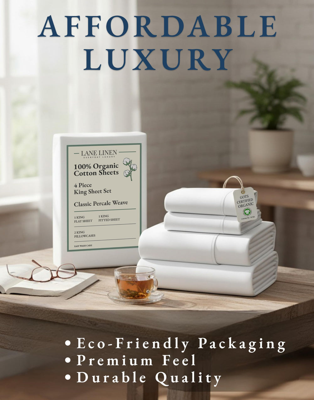 LANE LINEN reusable fabric bag with sheets showing sustainable packaging benefit