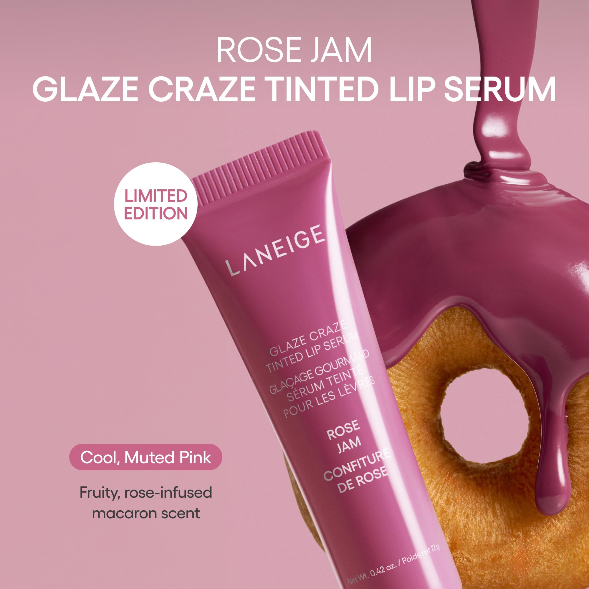 LANEIGE Rose Jam on lips closeup displaying buildable color and shine