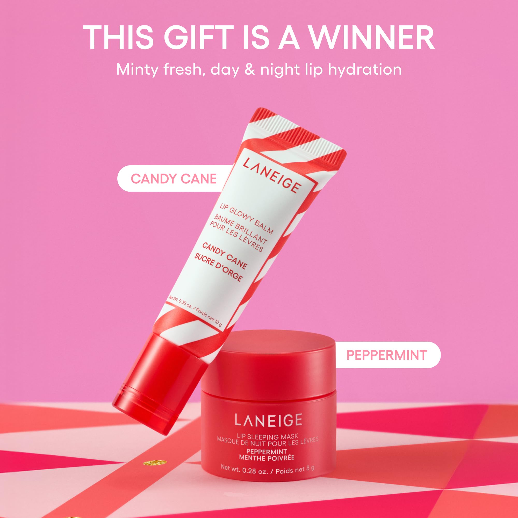 LANEIGE Candy Cane Lip Glowy Balm open tube revealing glossy balm for quick hydration