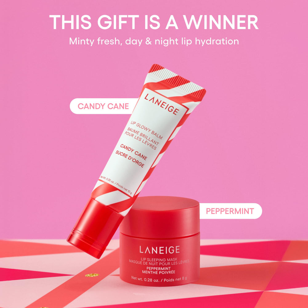 LANEIGE Candy Cane Lip Glowy Balm open tube revealing glossy balm for quick hydration