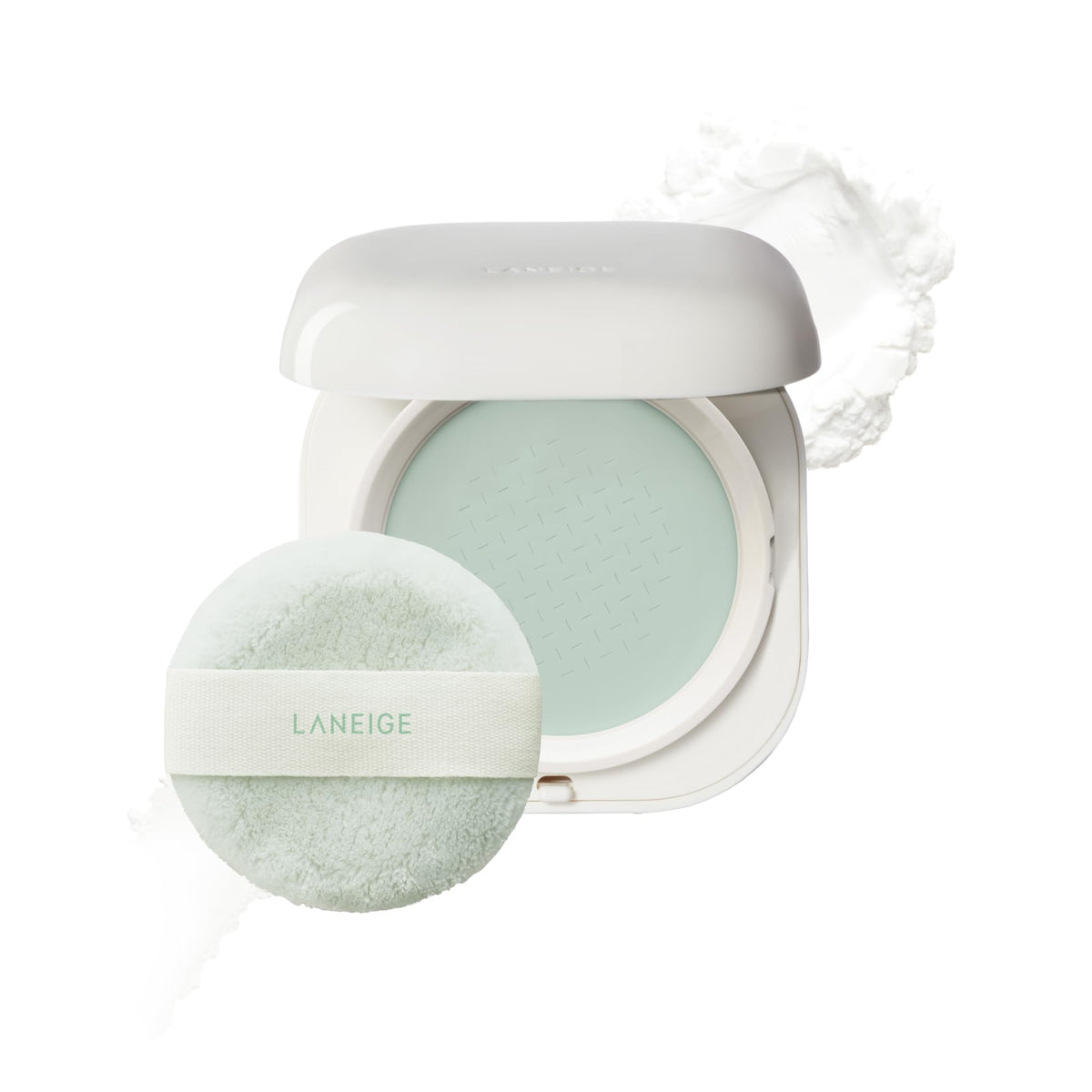 LANEIGE front view of compact showing sleek no-spill packaging and portability benefit