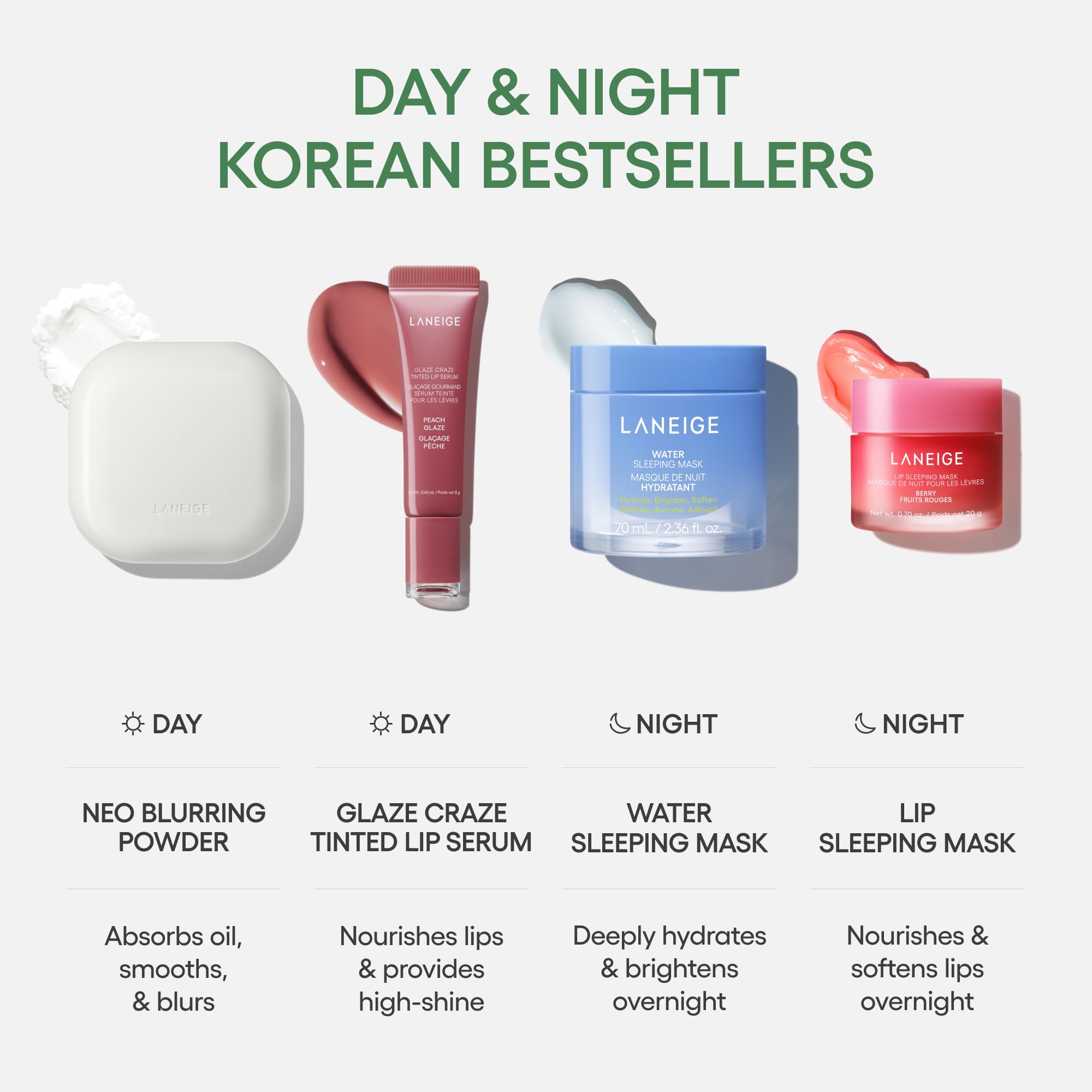 LANEIGE morning touch-up scene showing quick shine reduction and natural finish