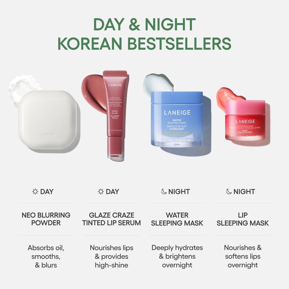 LANEIGE morning touch-up scene showing quick shine reduction and natural finish