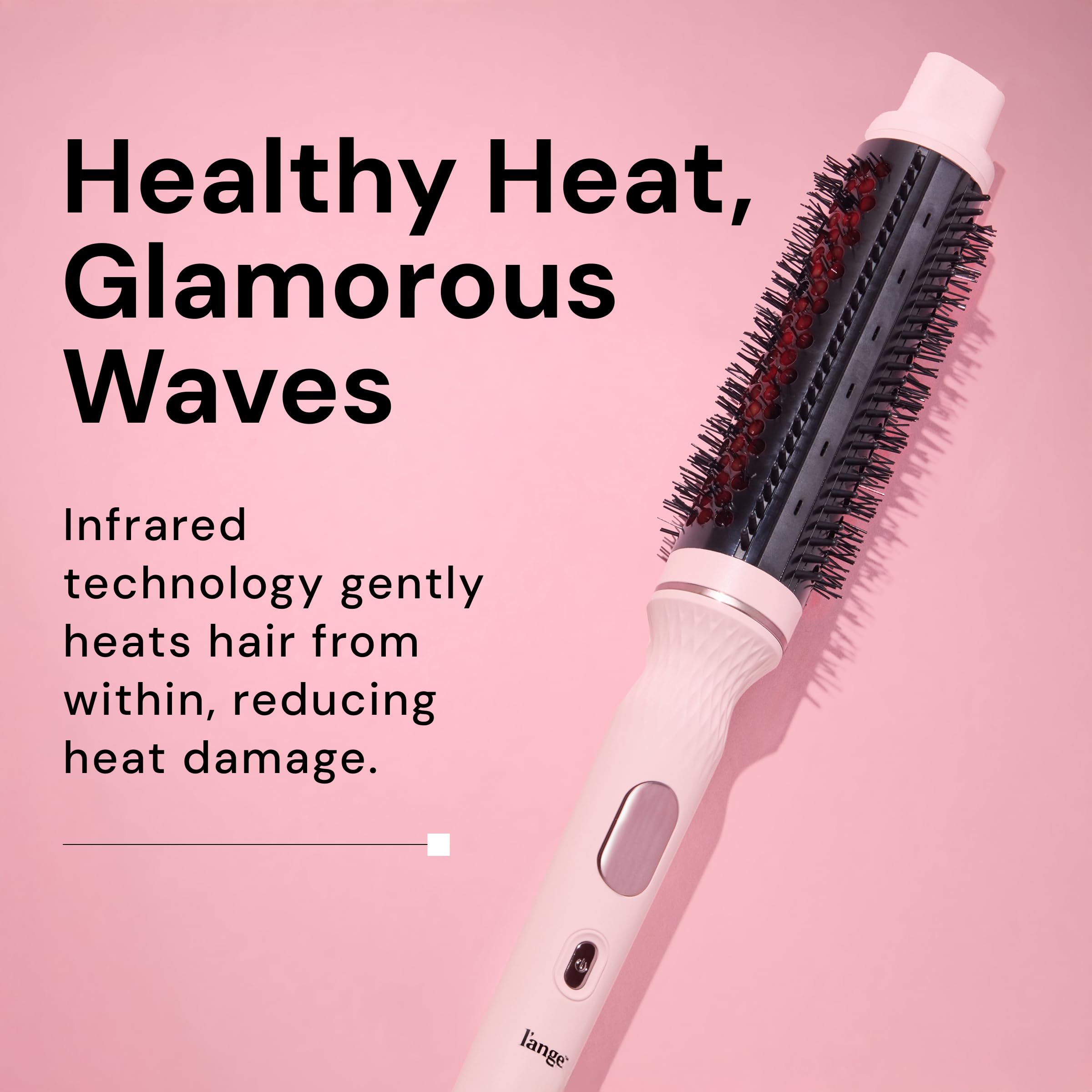 L'Ange Hair GlamWave ceramic barrel close-up highlighting coconut oil glide benefit