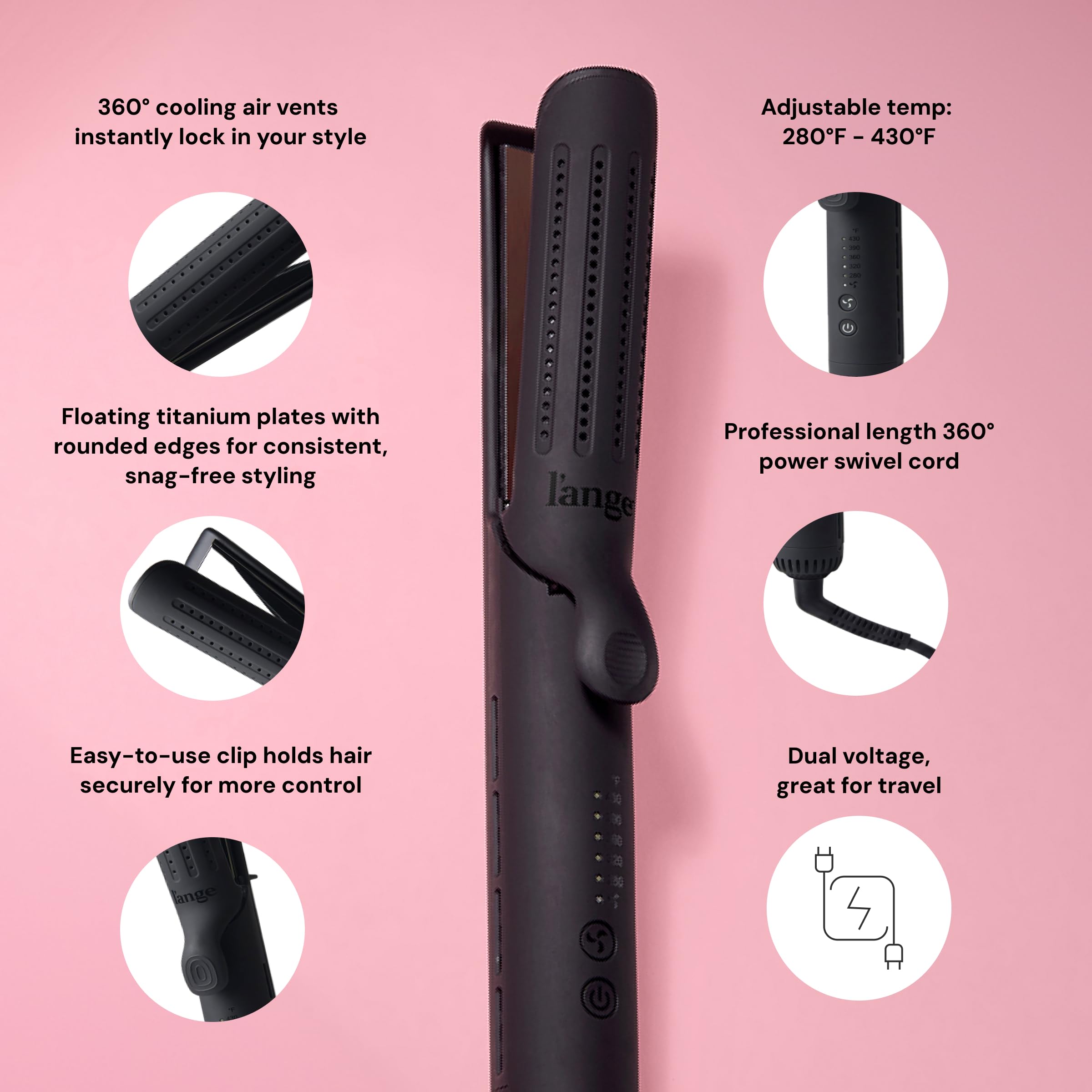 L'Ange Hair airflow vents detail illustrating cool-to-set technology benefit