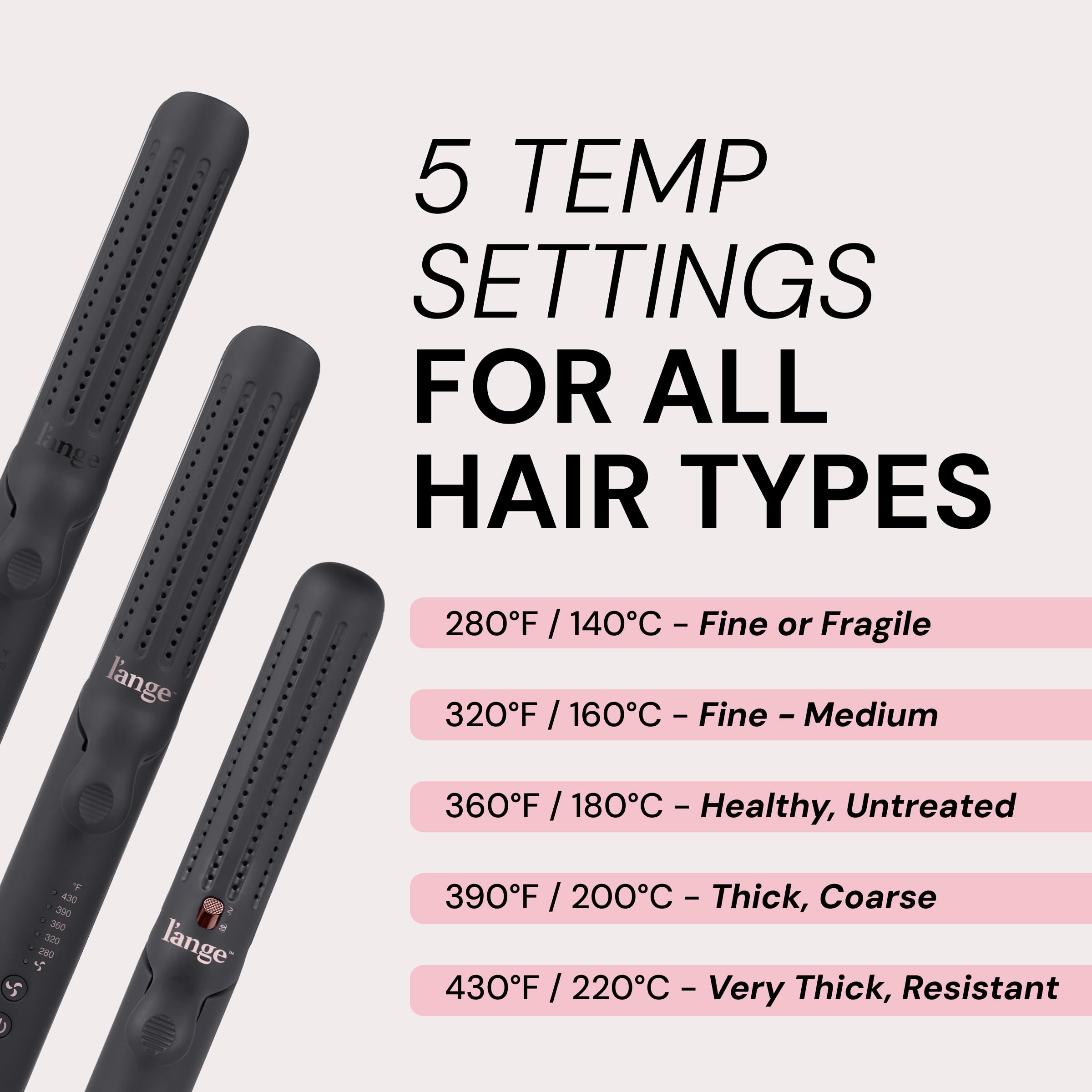 L'Ange Hair controls and display panel showing adjustable temperature benefit